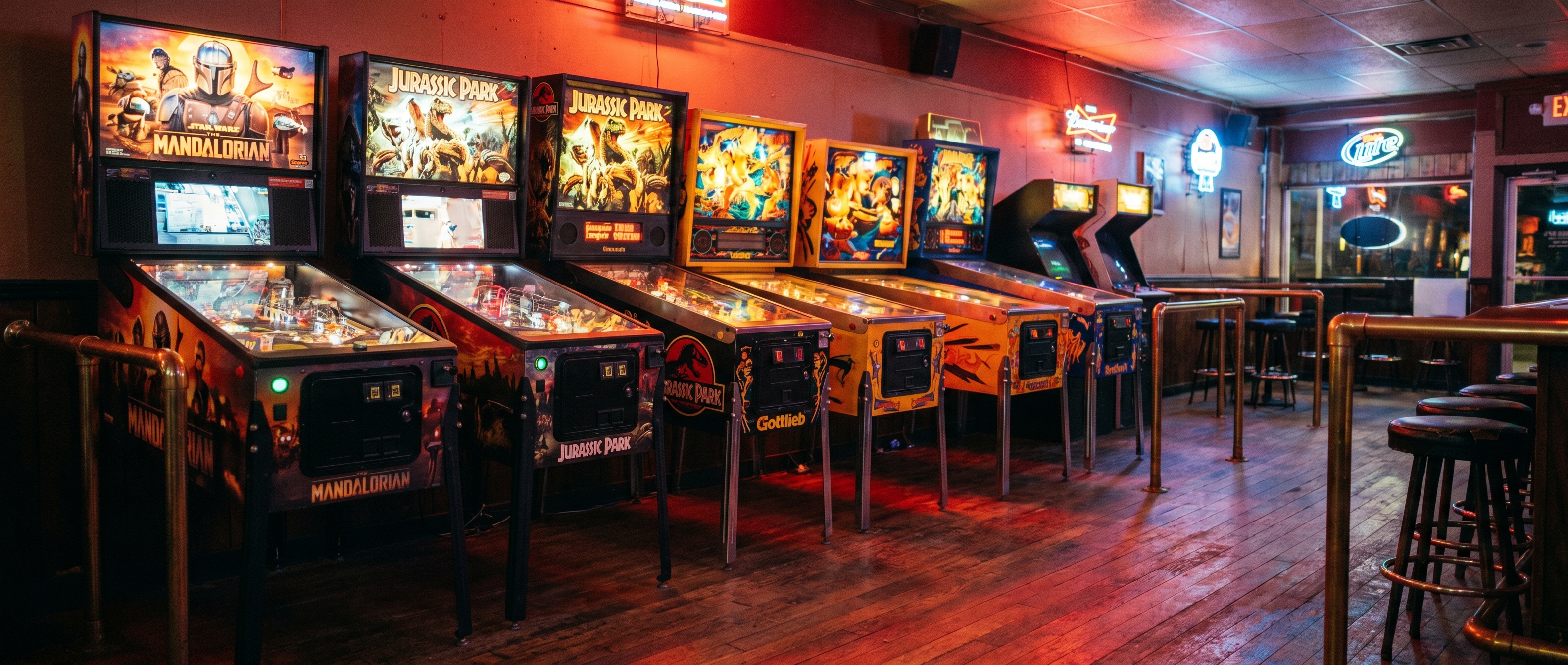 Bar Games placed by Social Amusements — Pinball, Big Buck Hunter, Boxer.